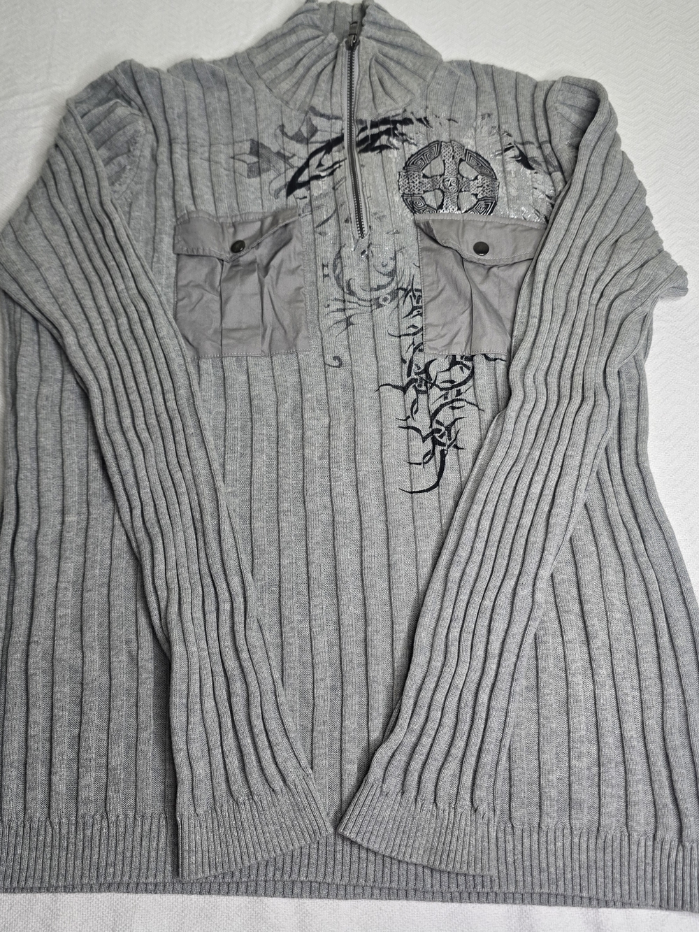INC International Concepts Gray Ribbed Zip-Front Turtleneck Sweater